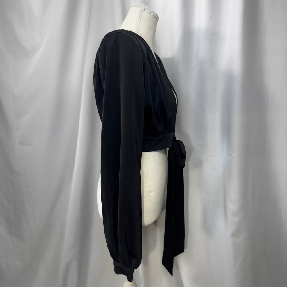 NBD Imogen Top Black Satin Cropped Wrap Deep V Tie Blouson Sleeve Padded S Twee - Picture 15 of 16